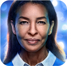 Woman stands in front of dark blue sparkly background.